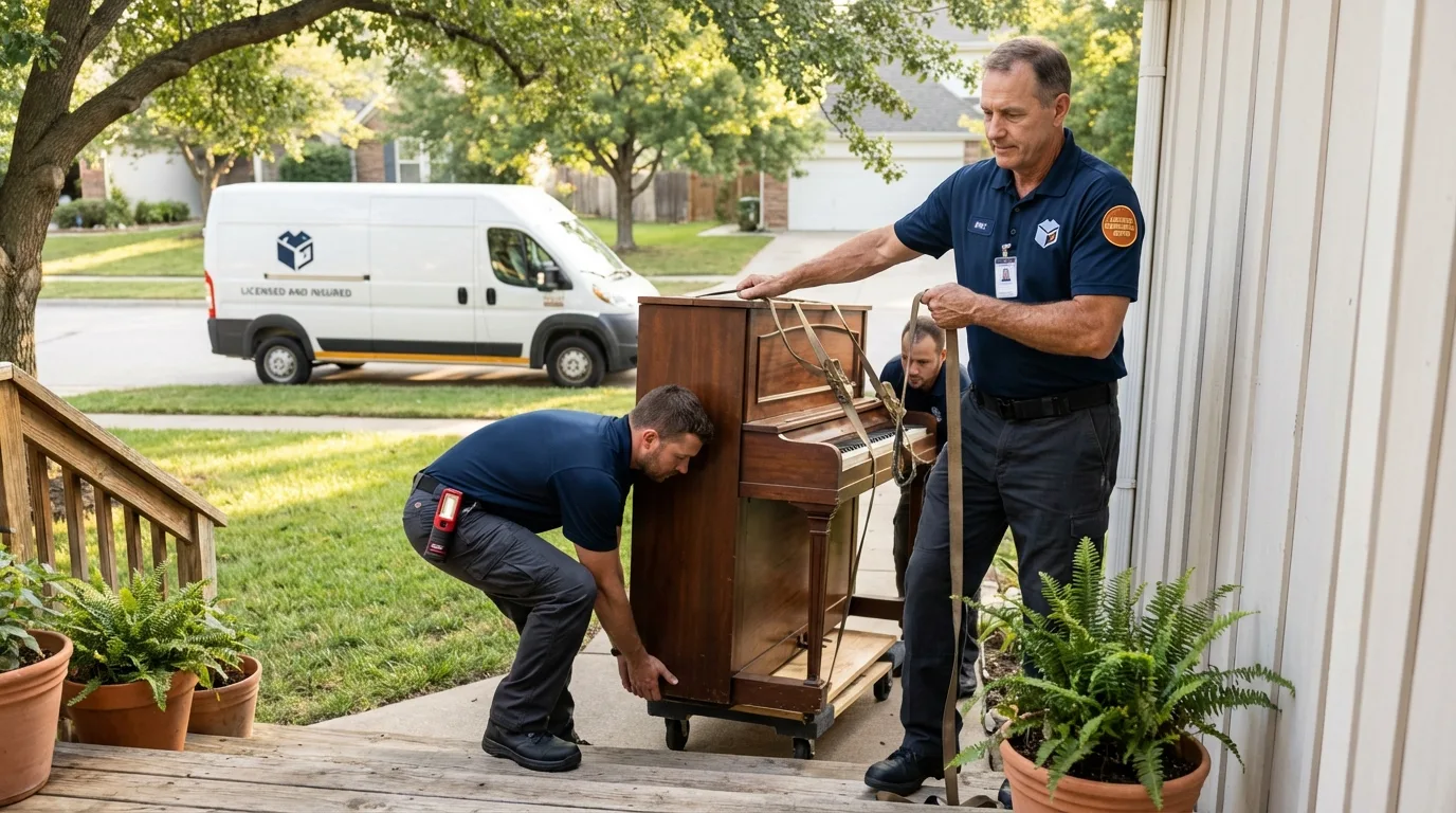Licensed piano movers securing grand piano in Hillside, NJ